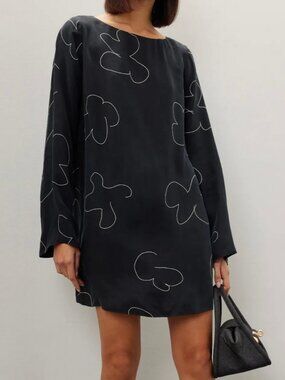 Madewell Black Floral Outline Long Sleeve Shift Dress M